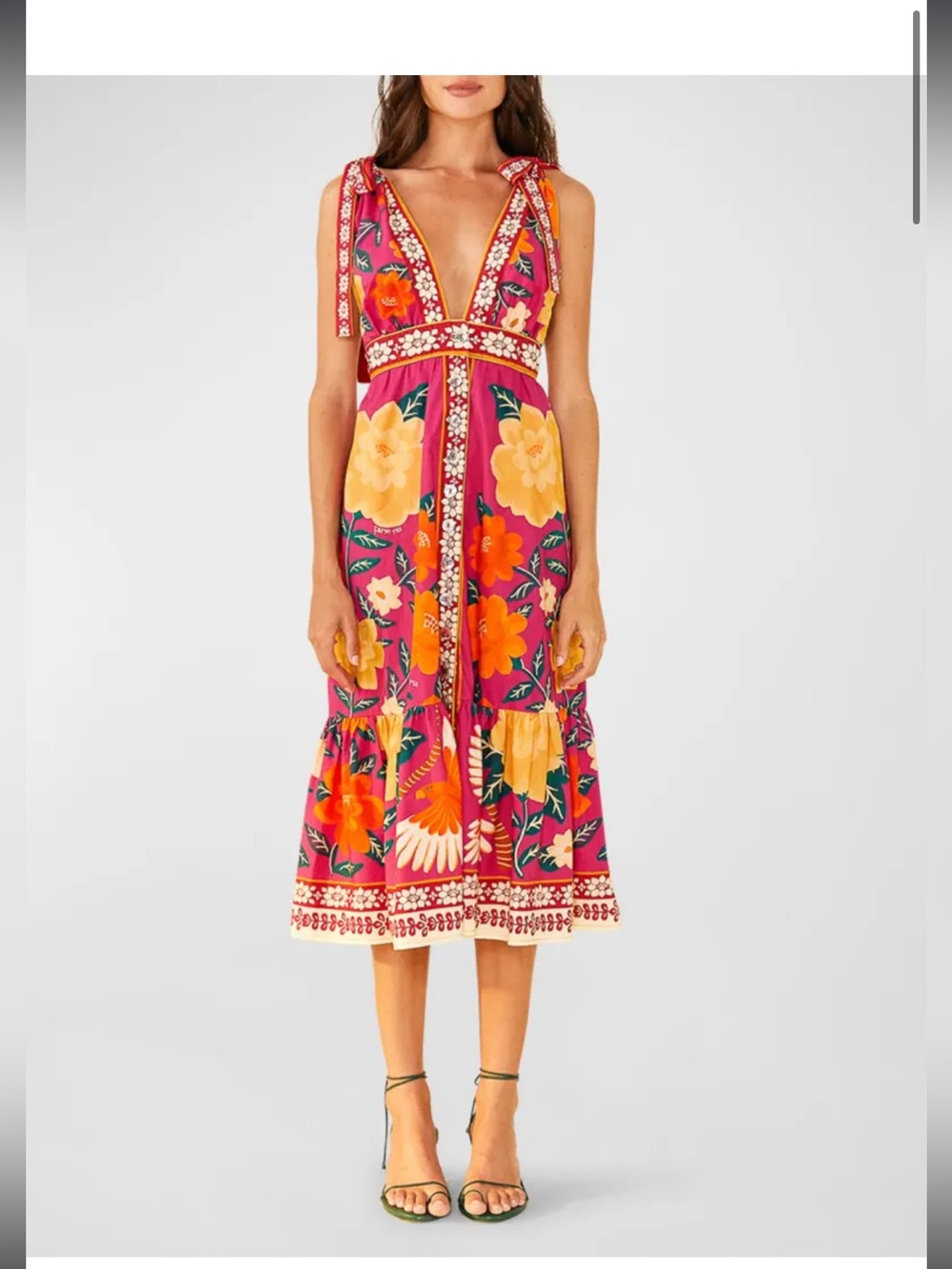FARM Rio Pink Floral Midi Dress with Yellow & Orange Blooms